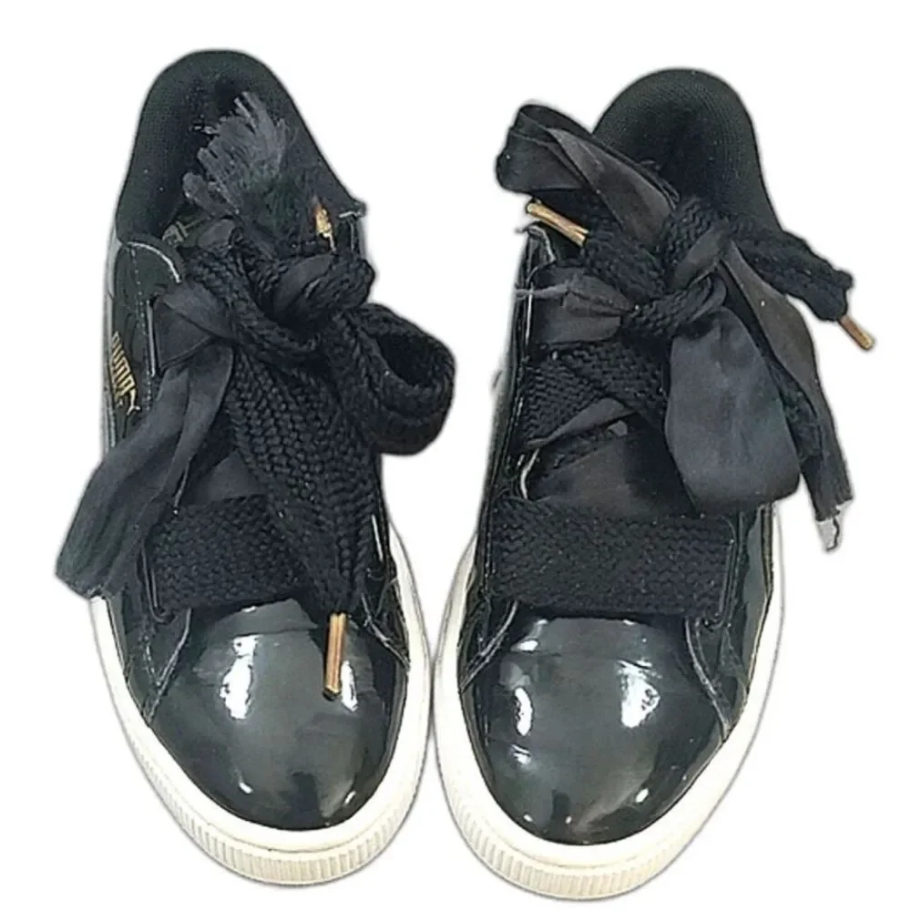 Puma Basket Heart Black Patent leather GS Sneakers women's Trainers SZ 6